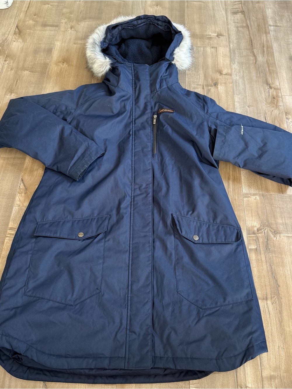 Columbia Omni Heat Winter Coat Parka Women XL Navy Fur Lined Hood Jacket